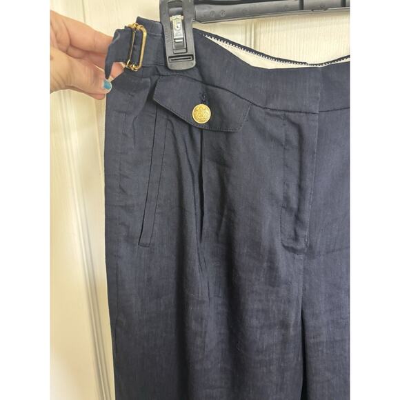 J Crew Italian Linen Blend Wide Leg Pleated Trousers Size 8 Tall Navy Preppy - Picture 7 of 7